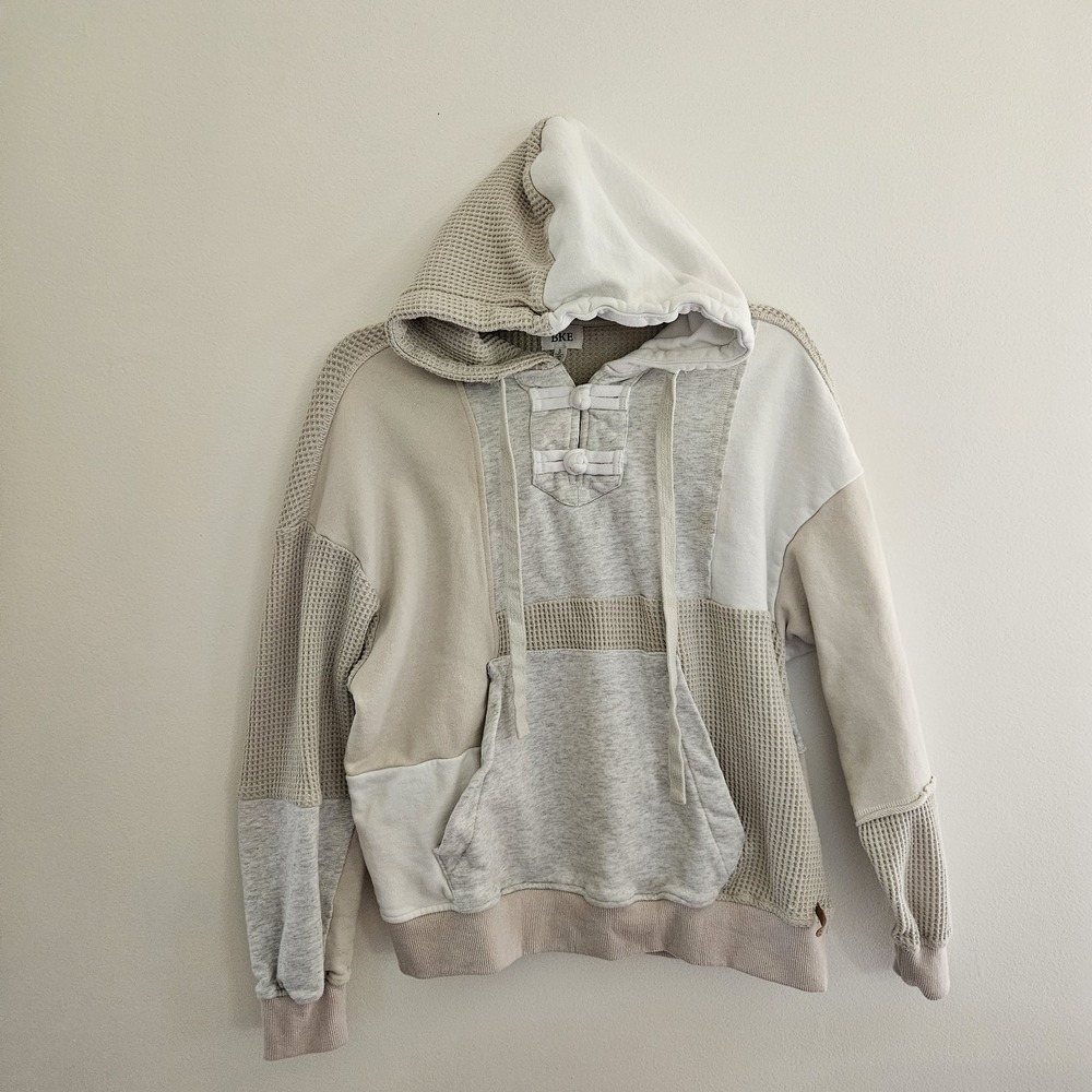 BKE BUCKLE Sweater Pullover‎ Womens Small Tan/Cream Chunky Waffleknit ColorBlock